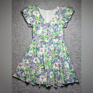 Mittoshop Dress Womens Small Mini Floral Cap Sleeve Ruffles Lined Vneck Flowy